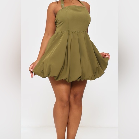PrettyLittleThing Khaki Buckle Halterneck Puffball Mini 16W NWT FW26 holiday - Picture 1 of 7